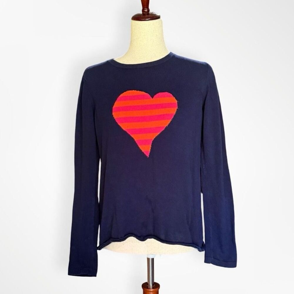 Lisa Todd Navy Striped Heart Long Sleeve 100% Cotton Sweater, S Whimsical Preppy